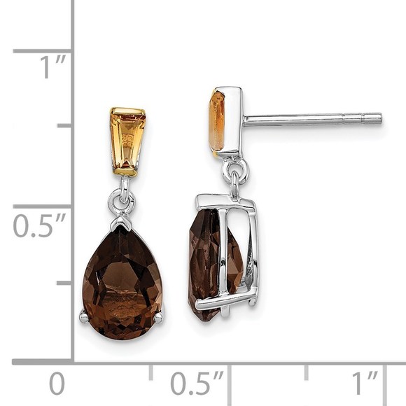 925 Sterling Silver 14K Accent Smoky Quartz Citrine Earrings 18 x 7 mm - Picture 4 of 4